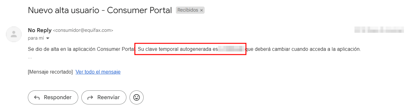 Clave temporal para acceso al Portal de Equifax