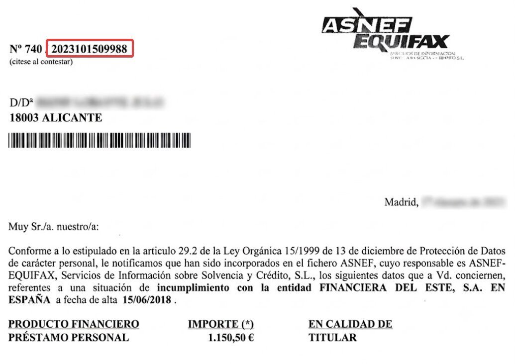 Carta de Inclusión en ASNEF con número de referencia