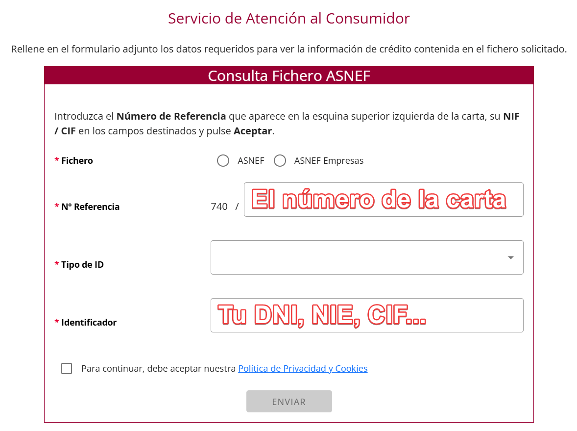 Consultar ASNEF con Carta Inclusión y DNI